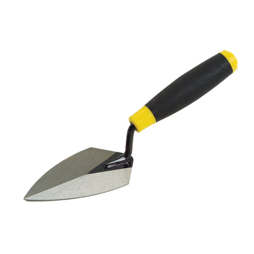 Pointing trowel with a pointed stainless blade, black angled shank and black handle with yellow accents.