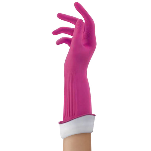 Single magenta rubber glove shown upright on an arm with a white rolled cuff against a plain white background.