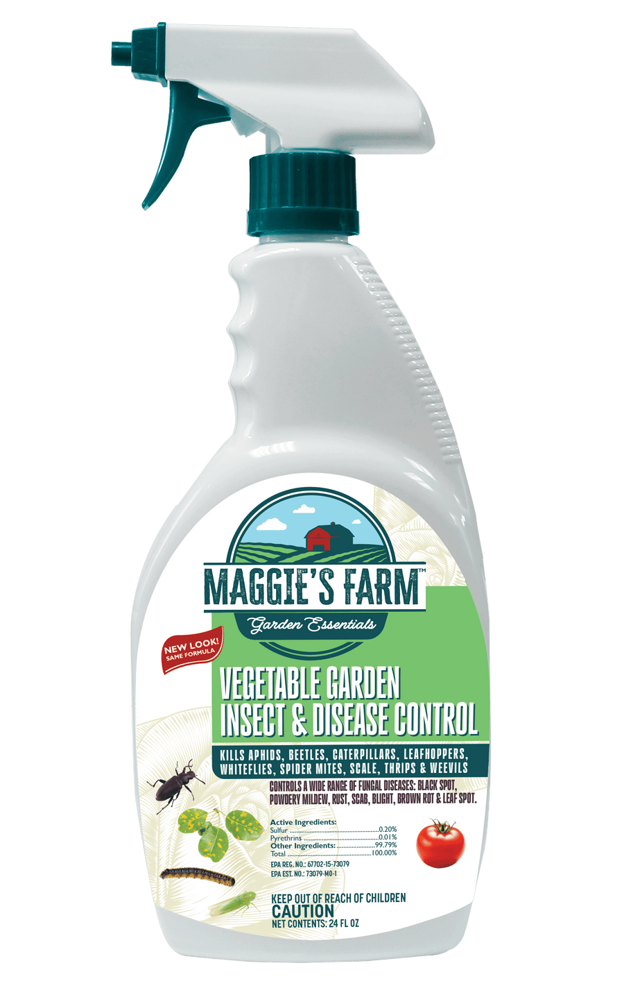 White spray bottle of Maggie's Farm Vegetable Garden Insect & Disease Control with green label and trigger