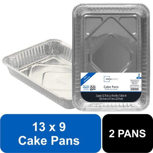Two Mainstays disposable aluminum foil cake pans, one packaged with label and one unwrapped, on white background