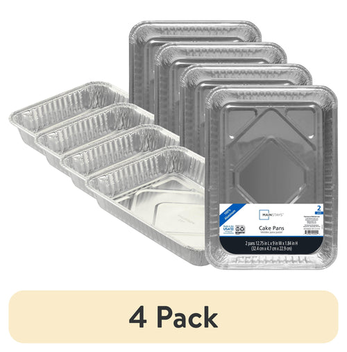 Four stacked aluminum foil rectangular cake pans with one packaged pan showing label and a "4 Pack" banner