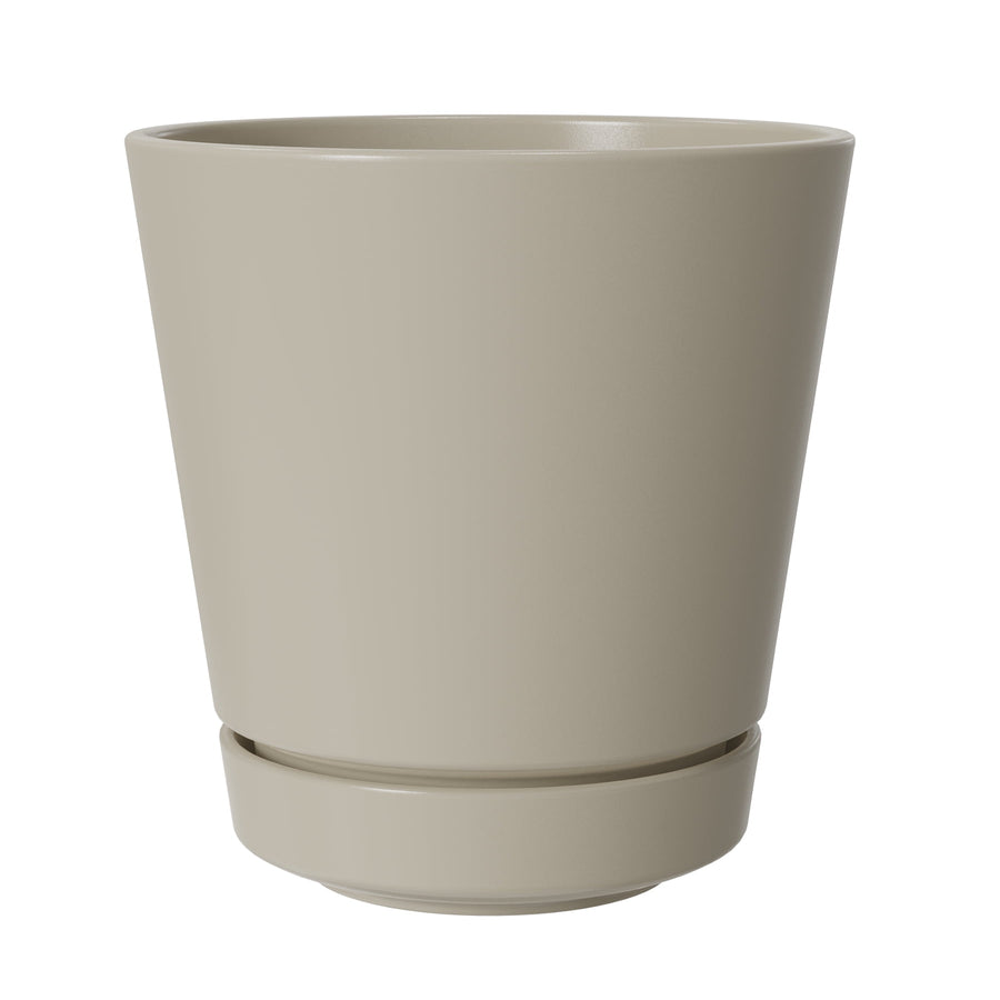 Birch gray cylindrical plastic planter with attached saucer shown on white background