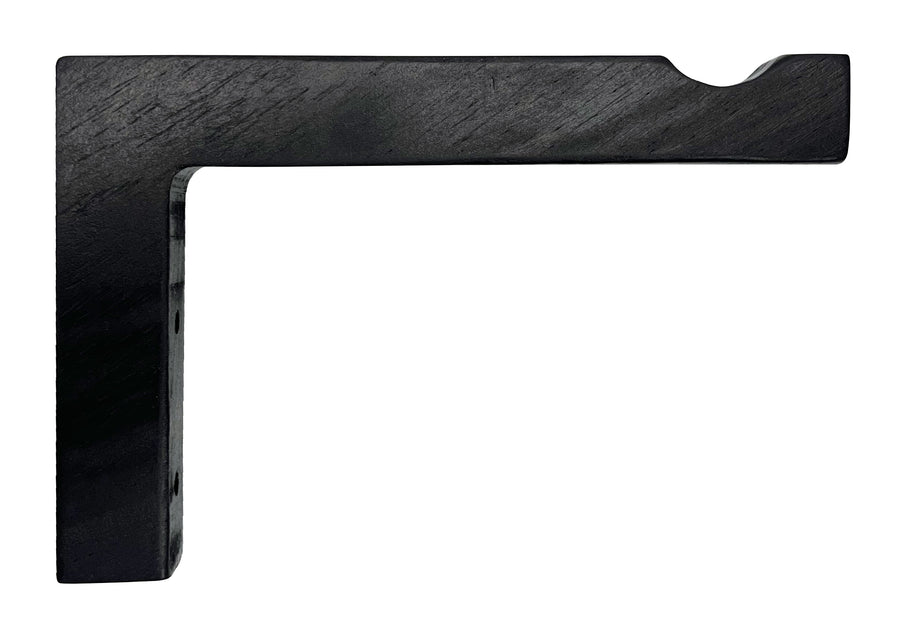 Black L-shaped wooden bracket with a curved notch on the outer top edge, isolated on white.