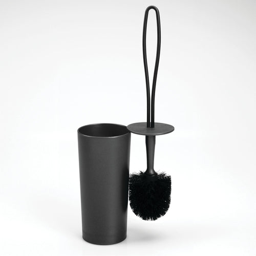 Black Mainstays loop toilet brush with round bristle head beside matching cylindrical holder on white background