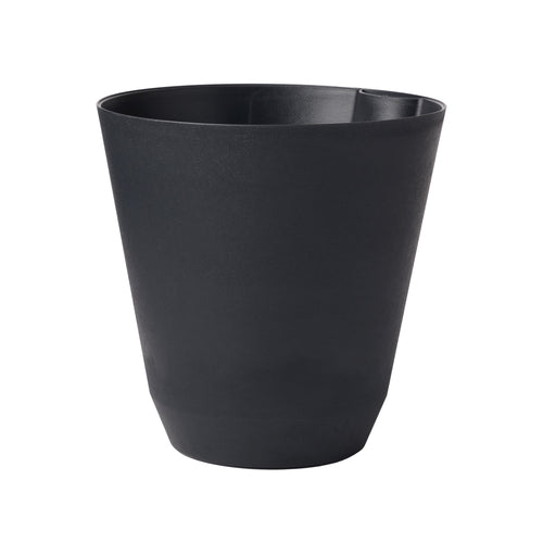 Black resin self-watering planter with smooth tapered sides on white background