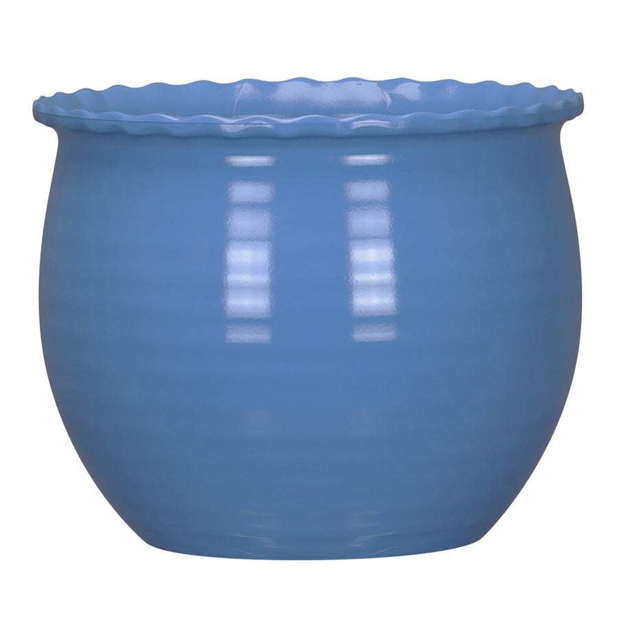Glossy blue rounded planter with a scalloped rim shown against a white background