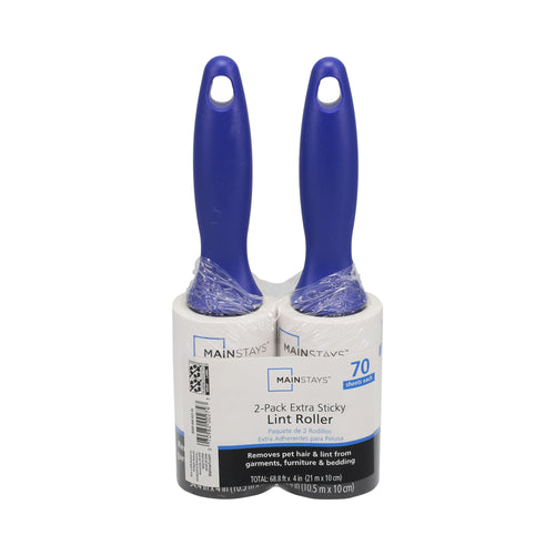 Two Mainstays lint roller rolls with blue handles packaged together on white background