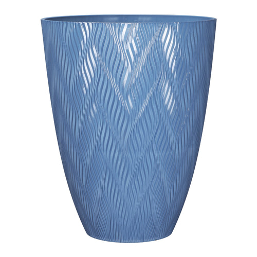Tall blue textured round planter with wavy leaf-like embossed pattern on a white background