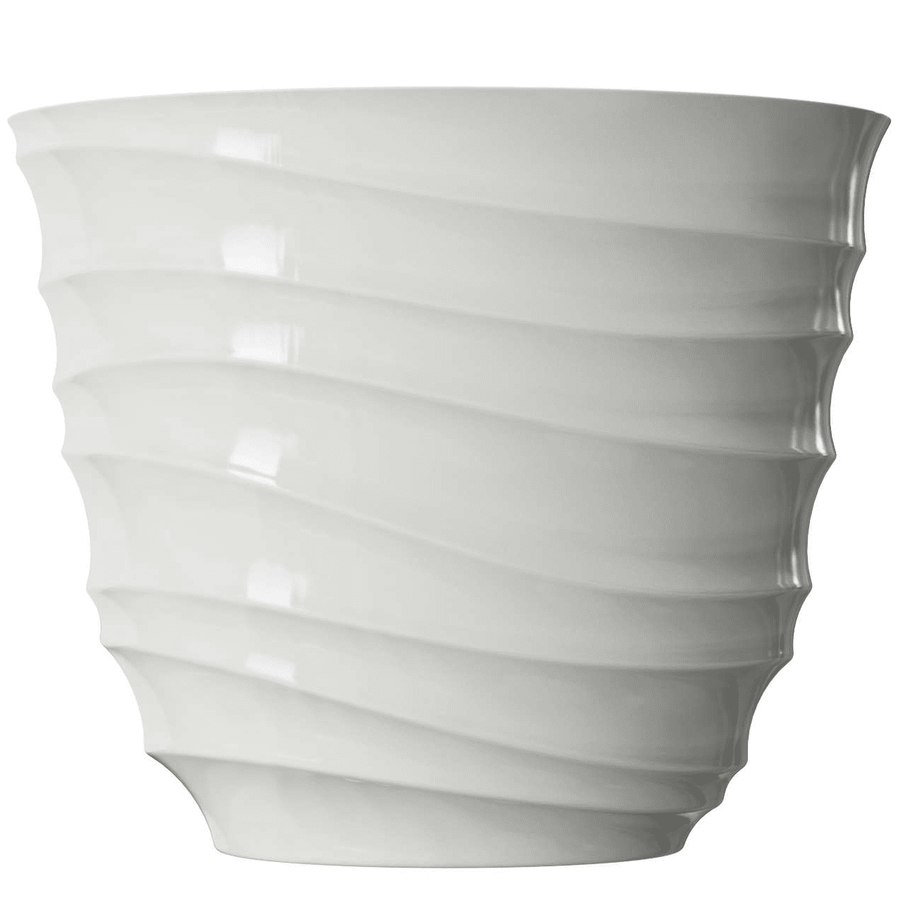 Cream-colored ribbed plastic planter with wavy horizontal ridges on a white background