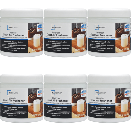 Six Mainstays lavender closet air freshener gel jars shown together with white lids and product labels