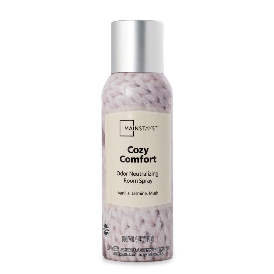 Single Mainstays Cozy Comfort odor-neutralizing room spray can with knit-pattern label and silver cap on white background