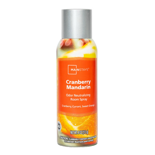 Single Mainstays Cranberry Mandarin odor-neutralizing room spray can with orange label and silver cap on white background