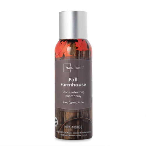 Single Mainstays Fall Farmhouse odor neutralizing room spray can with silver cap and autumn leaf label.