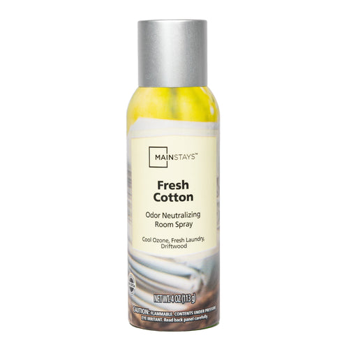 Mainstays Fresh Cotton odor neutralizing room spray aerosol can with silver cap and light label artwork.