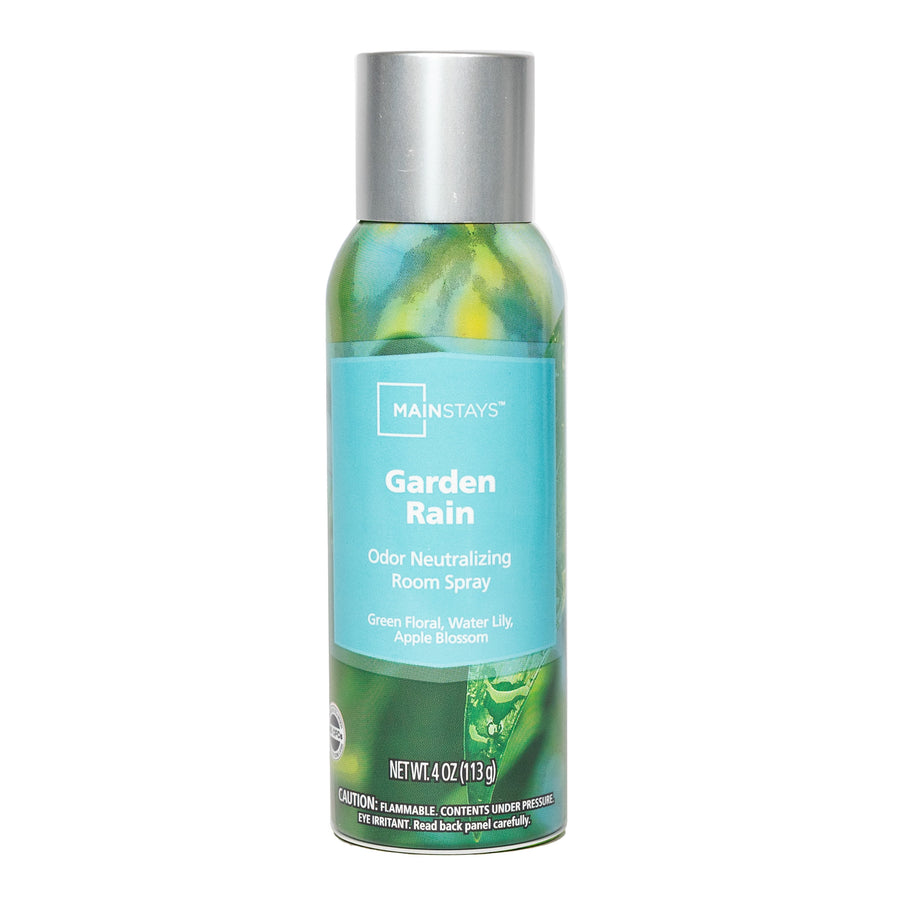 Single Mainstays Garden Rain odor neutralizing room spray can with teal label and silver cap on white background