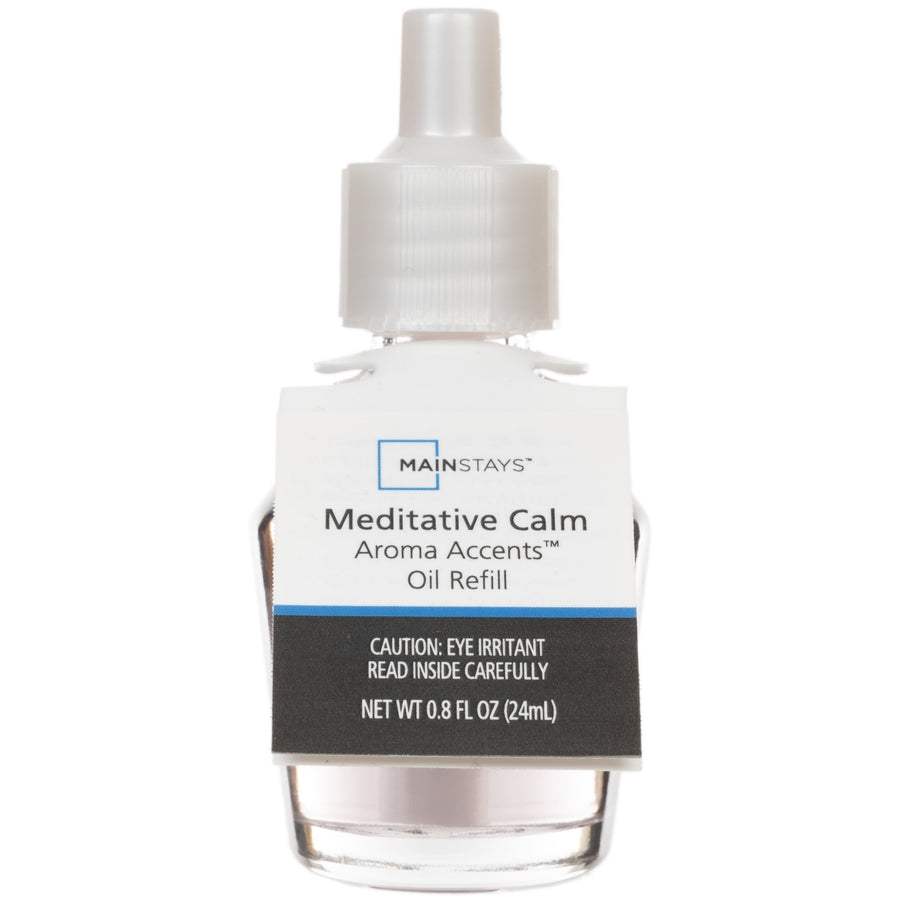 Clear glass Mainstays Aroma Accents oil refill bottle with white screw top and Meditative Calm label