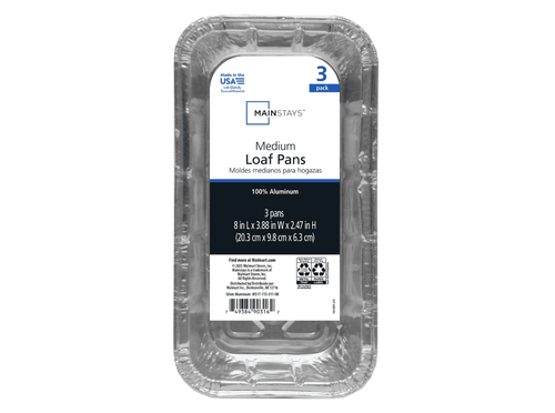 Front-facing packaged disposable aluminum loaf pan with a Mainstays label showing product name and size information.