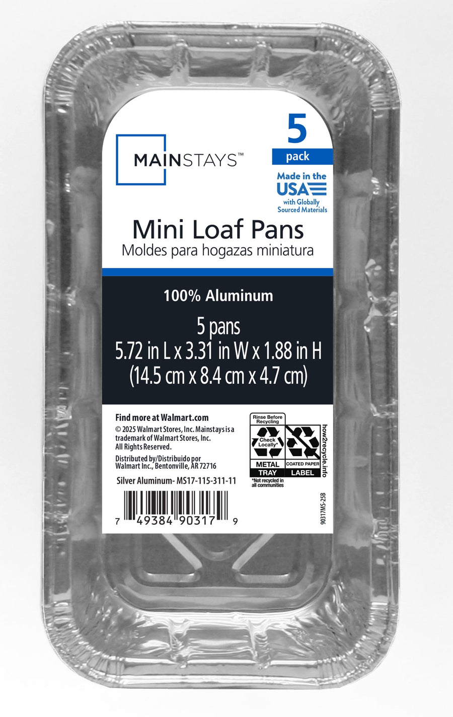 Top-view close-up of a Mainstays labeled disposable aluminum mini loaf pan package showing product name, dimensions and barcode.