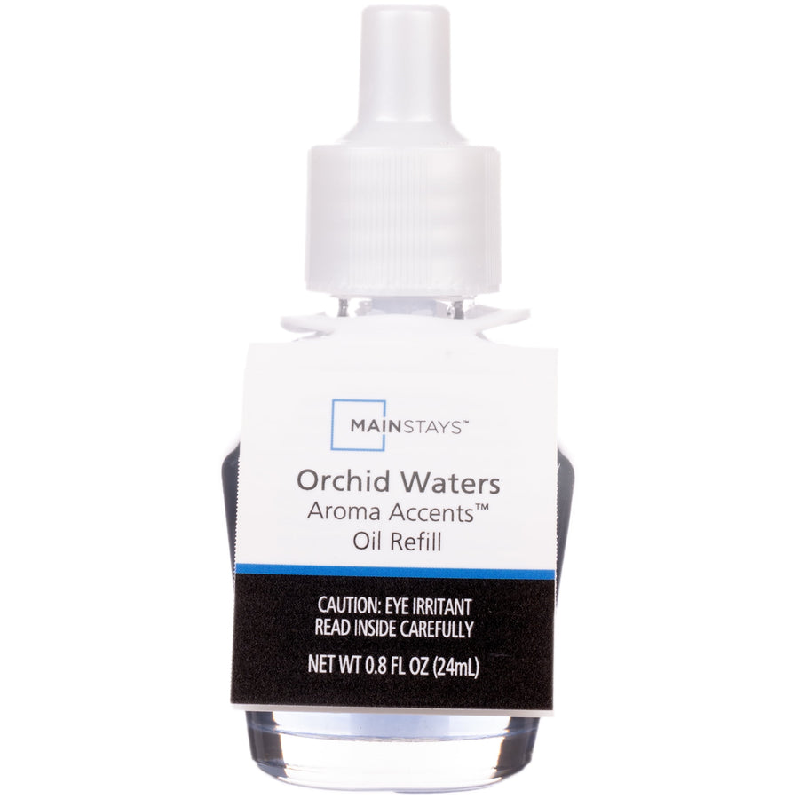 Mainstays Orchid Waters Aroma Accents oil refill bottle with white cap and label on white background.