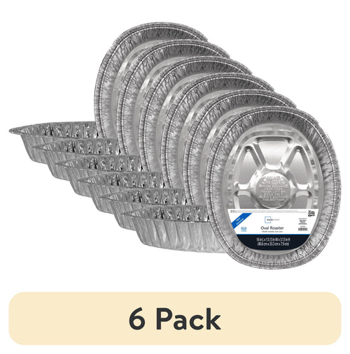 Stacked oval disposable aluminum roasting pans with one labeled pan visible and a '6 Pack' banner