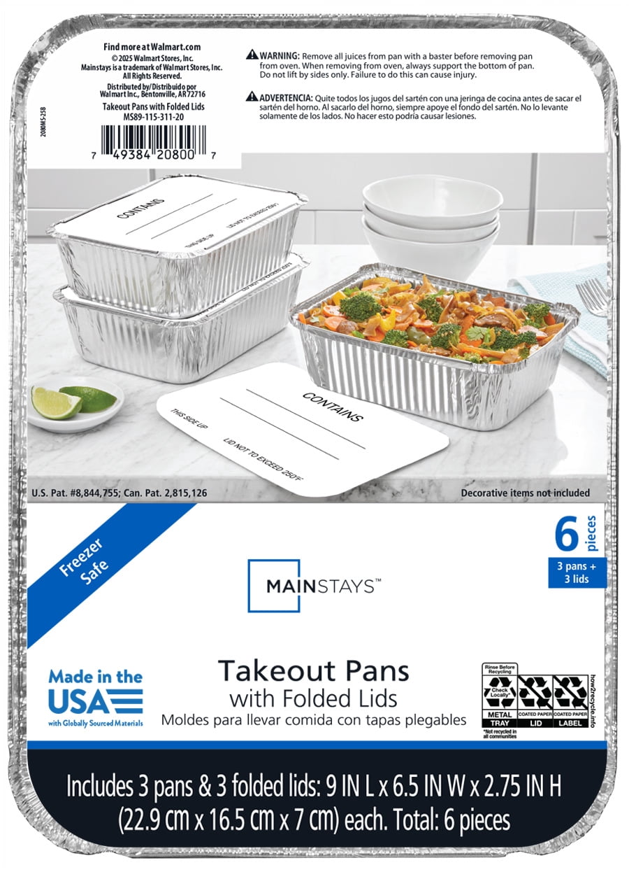 Close-up of Mainstays product packaging artwork showing stacked aluminum takeout pans, filled pan, and label details.