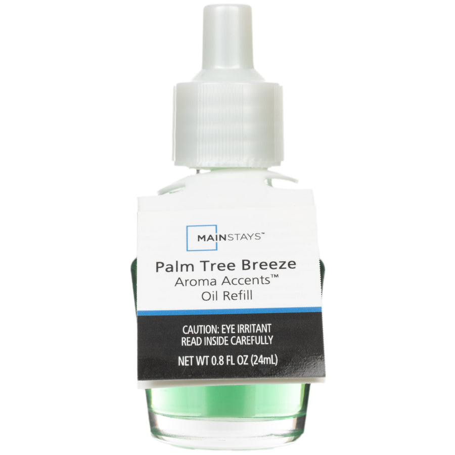 Mainstays Palm Tree Breeze aroma oil refill bottle with green liquid and product label