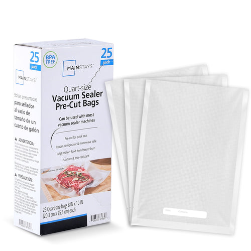 Box of Mainstays quart-size vacuum sealer pre-cut bags displayed next to several textured vacuum bags on white background