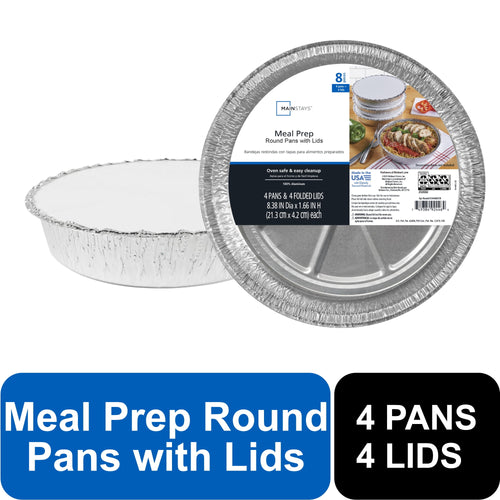 Stacked round aluminum meal-prep pans with folded lids and a Mainstays product label on one lid