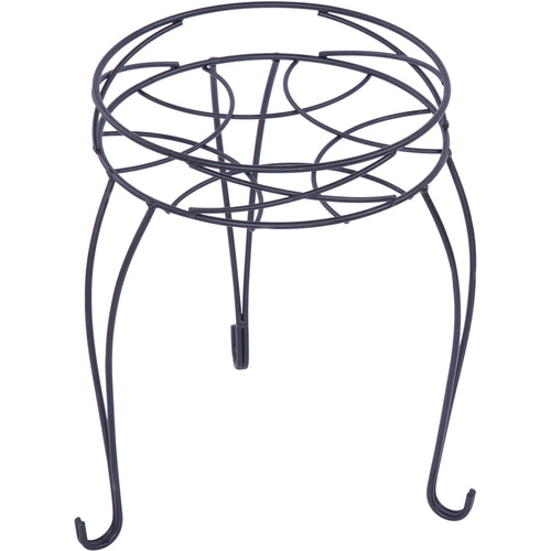 Matte black round metal plant stand with decorative circular wire top and three curved legs