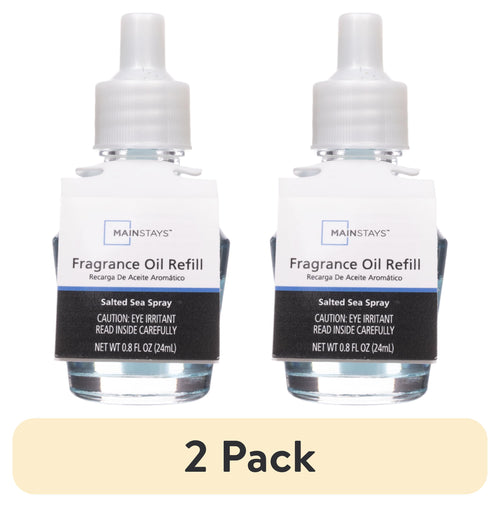 Two Mainstays Salted Sea Spray fragrance oil refill bottles with labels and a beige '2 Pack' banner on a white background.