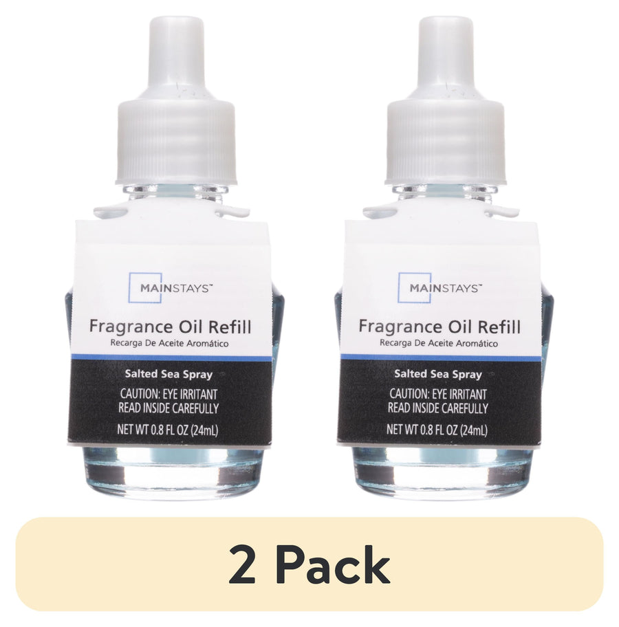 Two Mainstays Salted Sea Spray fragrance oil refill bottles with labels and a beige '2 Pack' banner on a white background.
