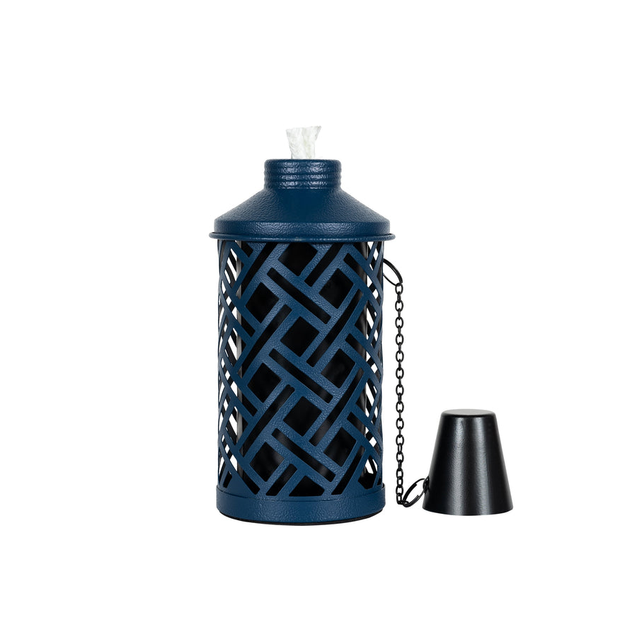 Mainstays textured blue metal table torch with lattice cutout body, black cap beside torch on white background