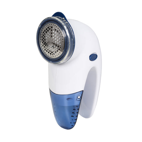Compact white and blue handheld fabric shaver with perforated stainless head on white background