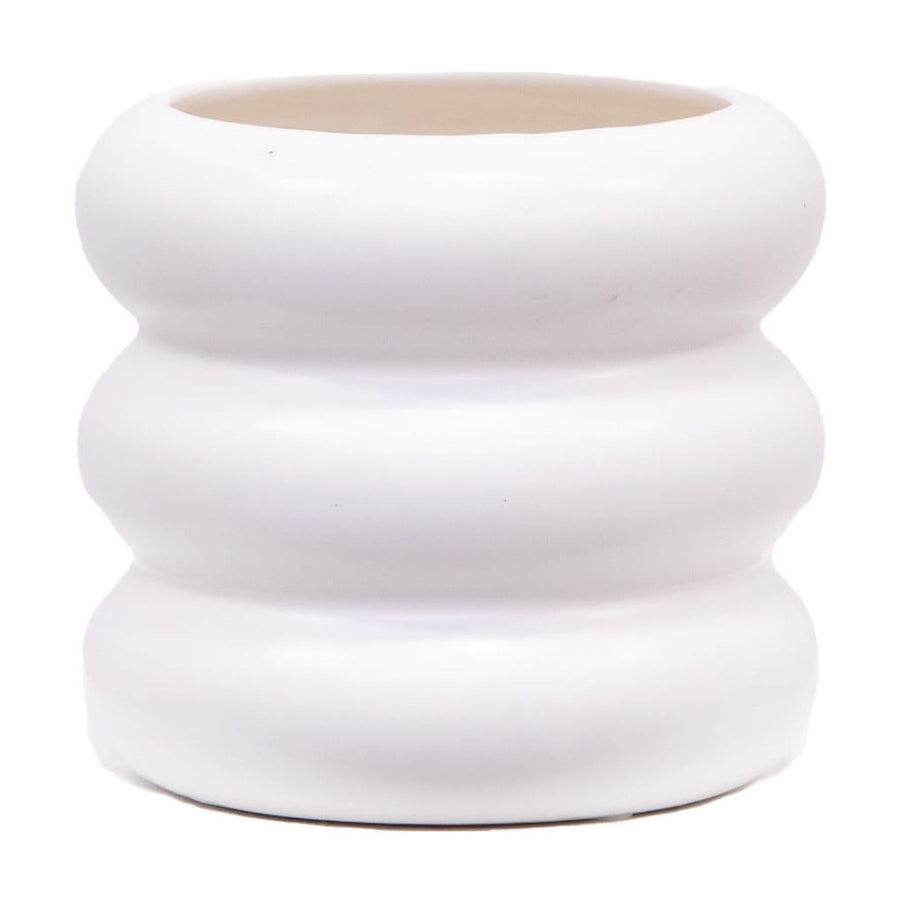 White ceramic planter with three rounded bubble rings and matte finish