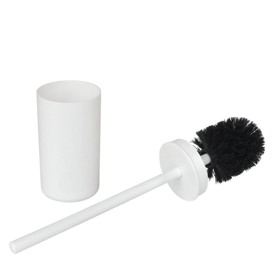 White plastic toilet brush handle and black bristle head placed beside a white cylindrical holder on a white background.