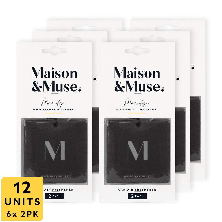 Packaged Maison & Muse Marilyn hanging car air fresheners (black) in retail blister packs with a yellow 12 units badge