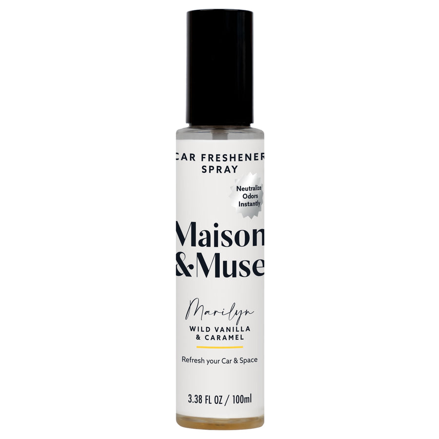 Maison & Muse Marilyn car freshener spray bottle with white label and black cap, front view