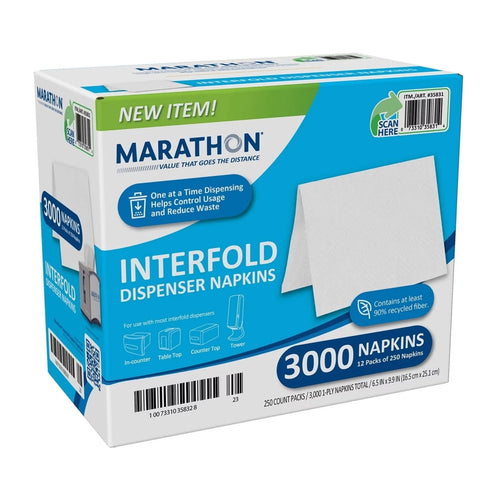 Blue-and-white Marathon branded box of interfold dispenser napkins with product name and 3,000 count callout