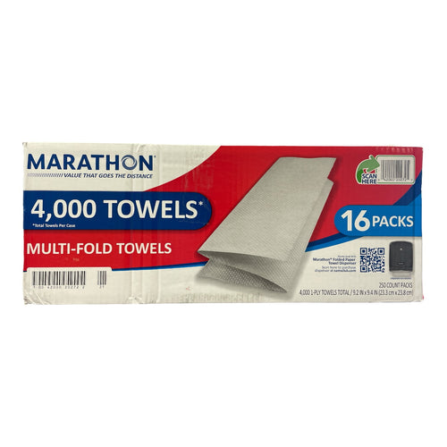 Marathon multifold paper towel case packaging showing '4,000 towels' text and folded towel graphic