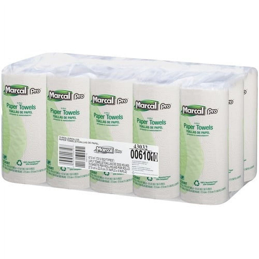 Shrink-wrapped pack of Marcal Pro paper towel rolls with green branding visible through clear plastic wrap.