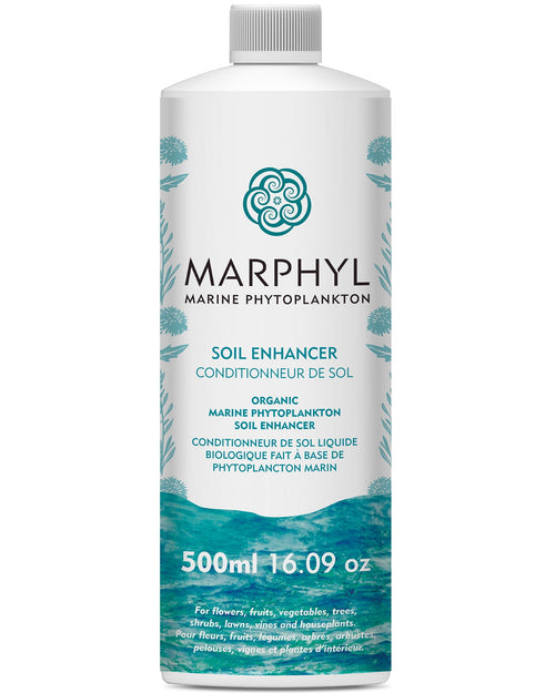 Tall white bottle of MARPHYL soil enhancer with teal sea-wave label and botanical accents, 500ml text visible
