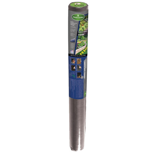 Rolled Master Gardener landscape fabric with blue label showing product photos, instructions and branding