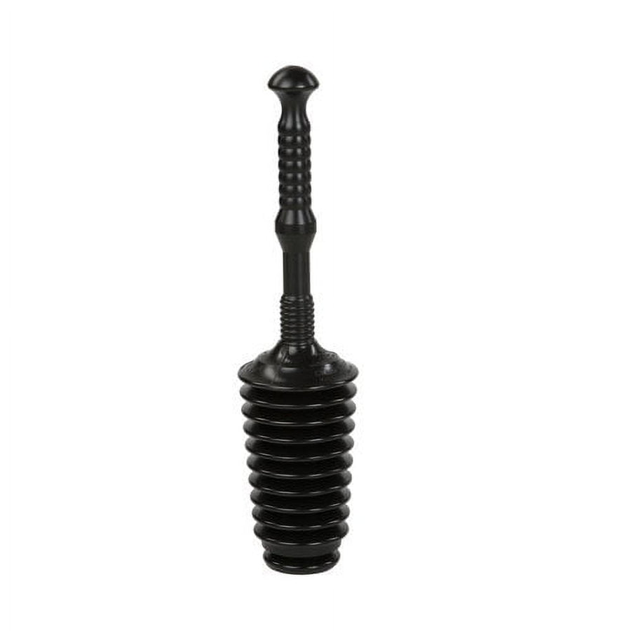 Black accordion-style heavy-duty plunger with ribbed handle on white background