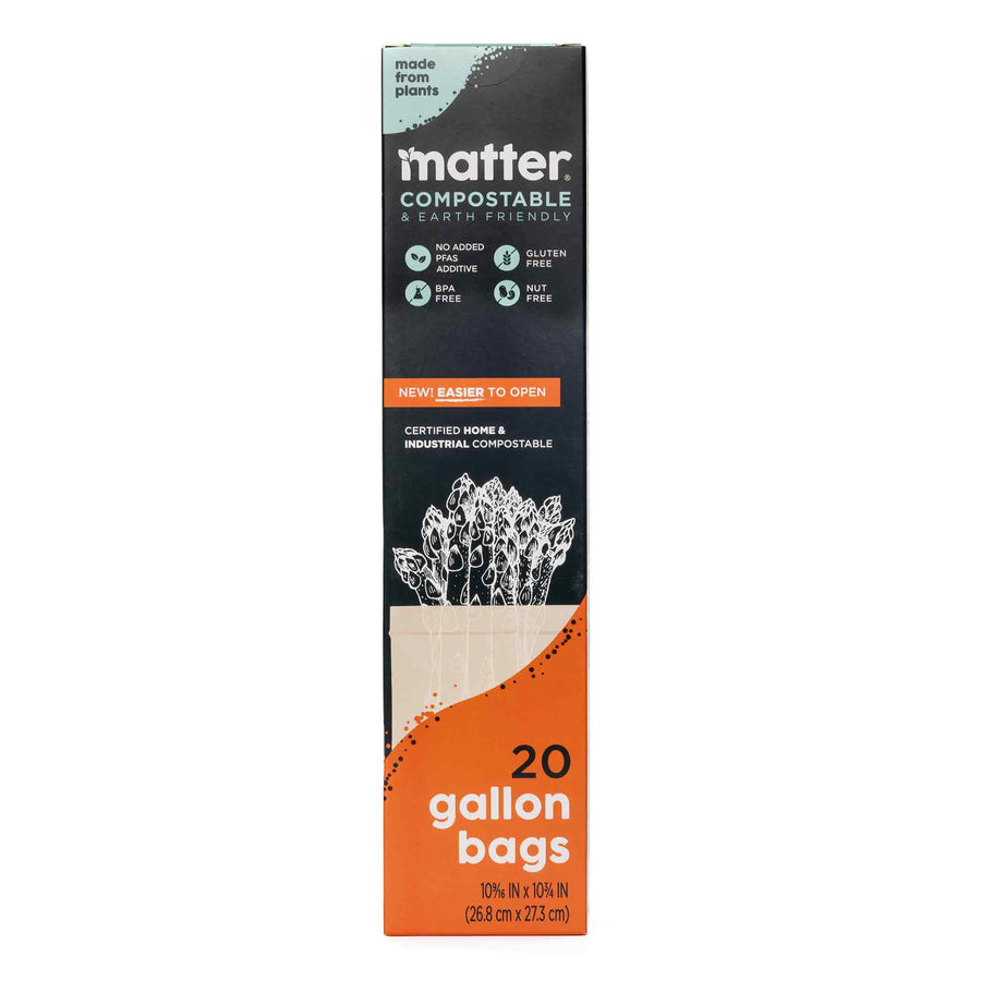 Tall vertical view of Matter compostable gallon bags box showing branding, icons and '20 gallon bags' text.