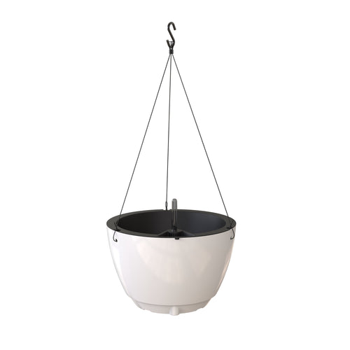 White round self-watering hanging planter with black inner liner and hanging hook on a white background.