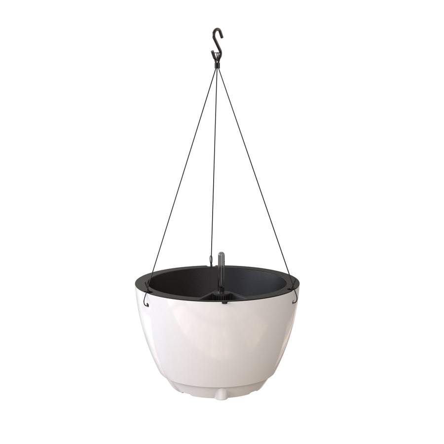 White round self-watering hanging planter with black inner liner and hanging hook on a white background.