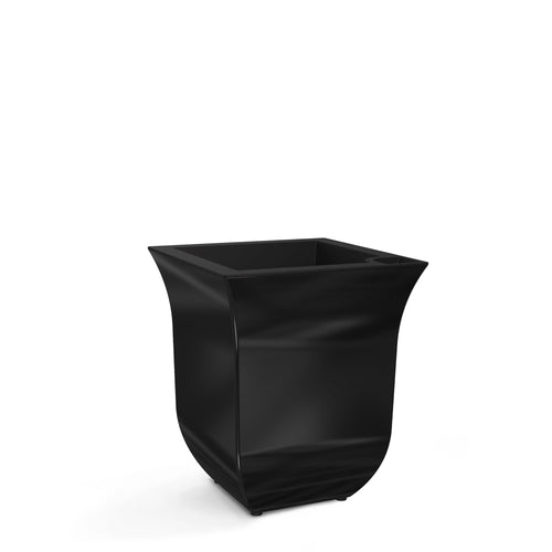Glossy black square plastic planter with flared rim photographed on white background