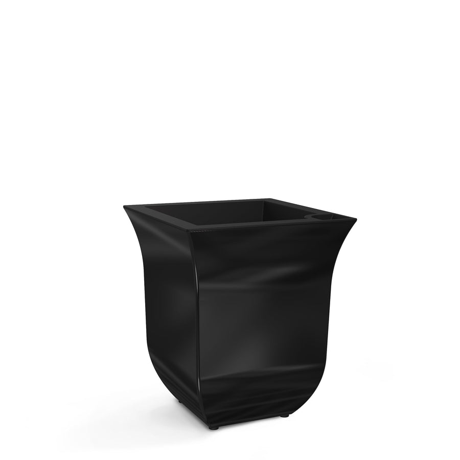Glossy black square plastic planter with flared rim photographed on white background