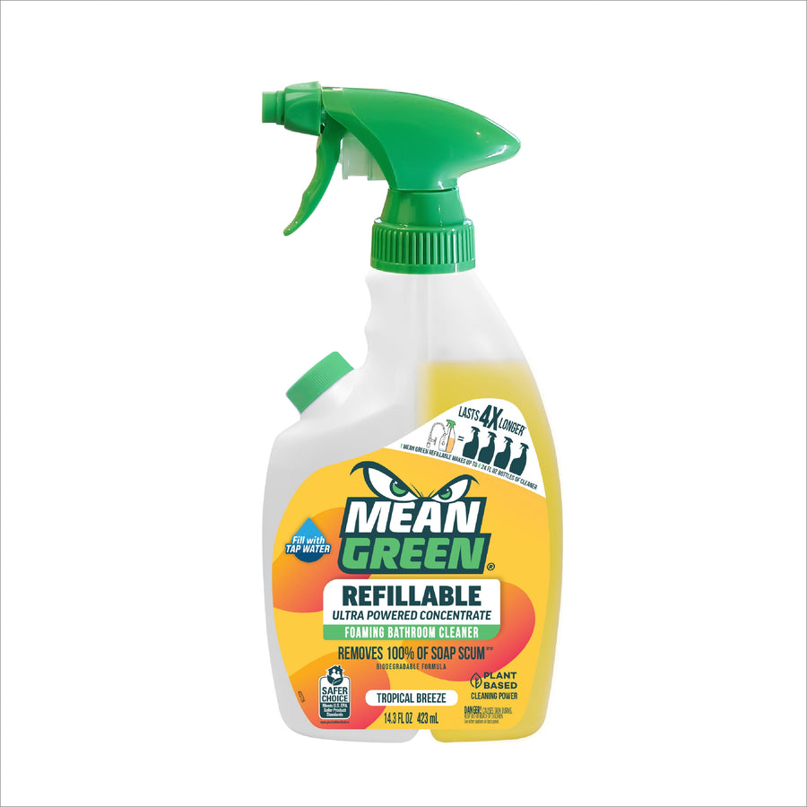 Front view of a Mean Green refillable foaming bathroom cleaner bottle with green trigger and tropical label.