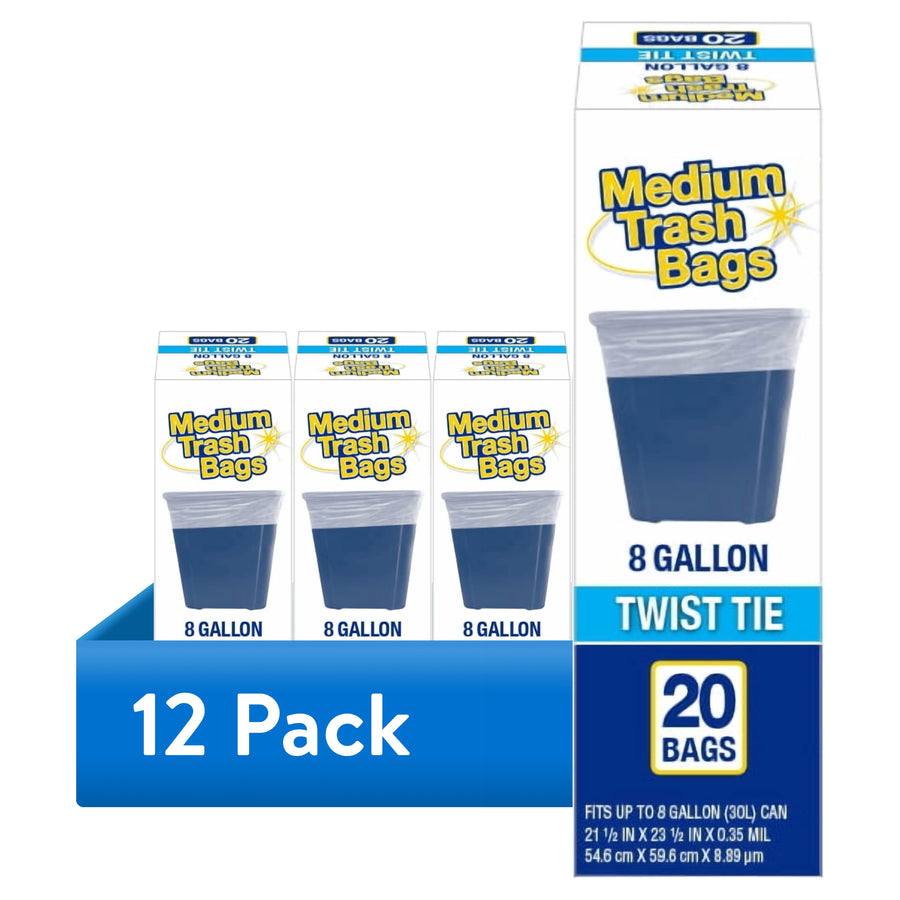 Packaged display showing multiple boxes of Medium Trash Bags with 8 gallon twist-tie label and a blue 12 pack banner